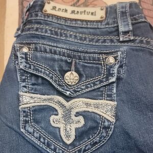 Rock Revival Blue Straight Leg Jeans with Embroidered Design